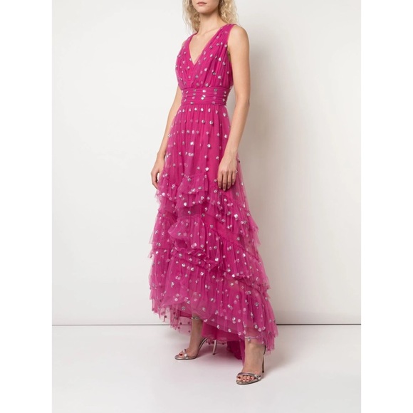 Marchesa Notte Sequin Dot Tulle Ruffle Midi Dress - Picture 3 of 13